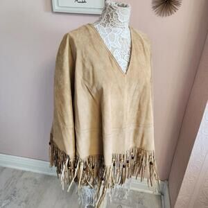 LKNW Margaret Godfrey Tan suede leather fringe beaded poncho L